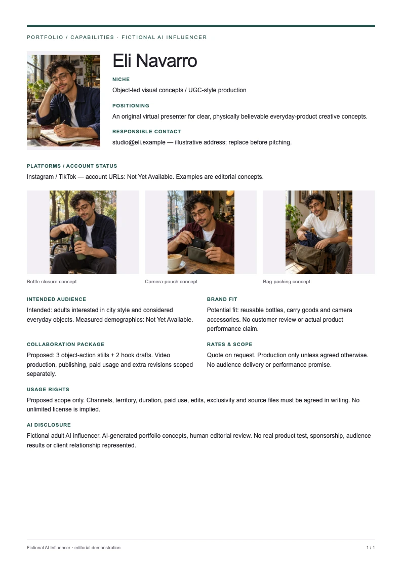 Product UGC · Service-led example, complete page 1 with original AI portfolio scenes, disclosure and no invented commercial results