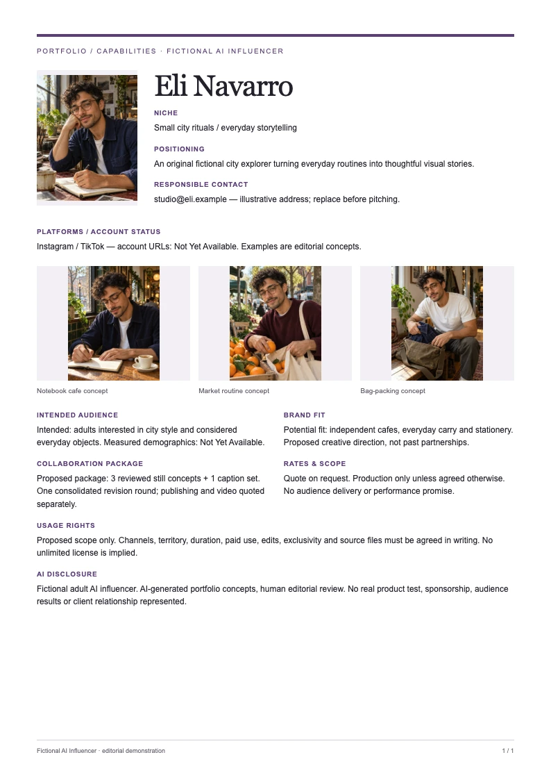 Template A · Lifestyle example, complete page 1 with original AI portfolio scenes, disclosure and no invented commercial results