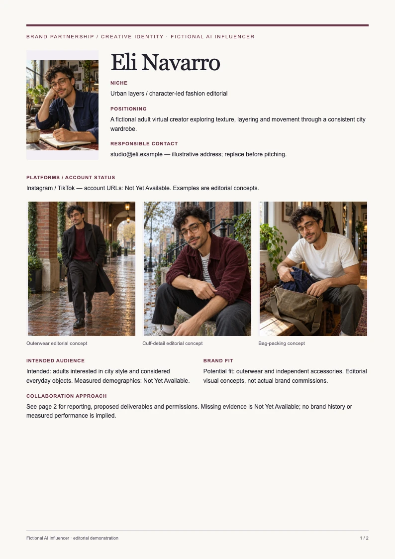 Template B · Fashion example, complete page 1 with original AI portfolio scenes, disclosure and no invented commercial results