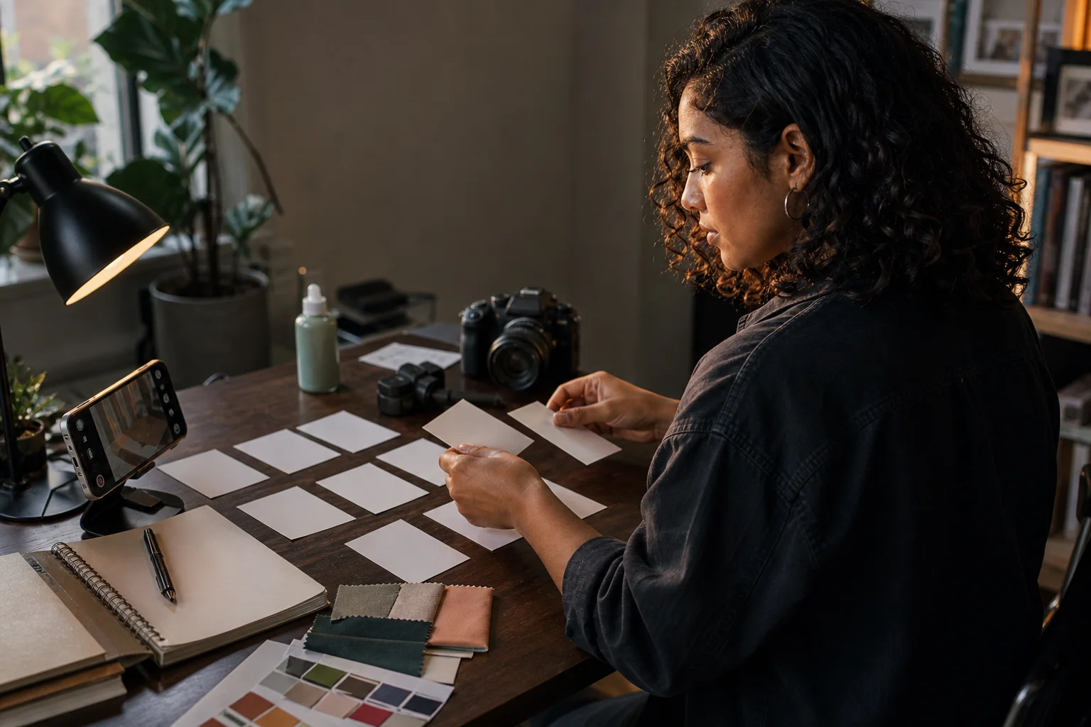 Fictional adult creator arranging blank storyboard cards, camera equipment, and wardrobe swatches at a desk.