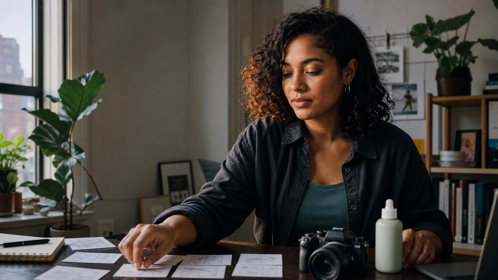Fictional adult creator arranging storyboard cards at a lived-in apartment work desk.