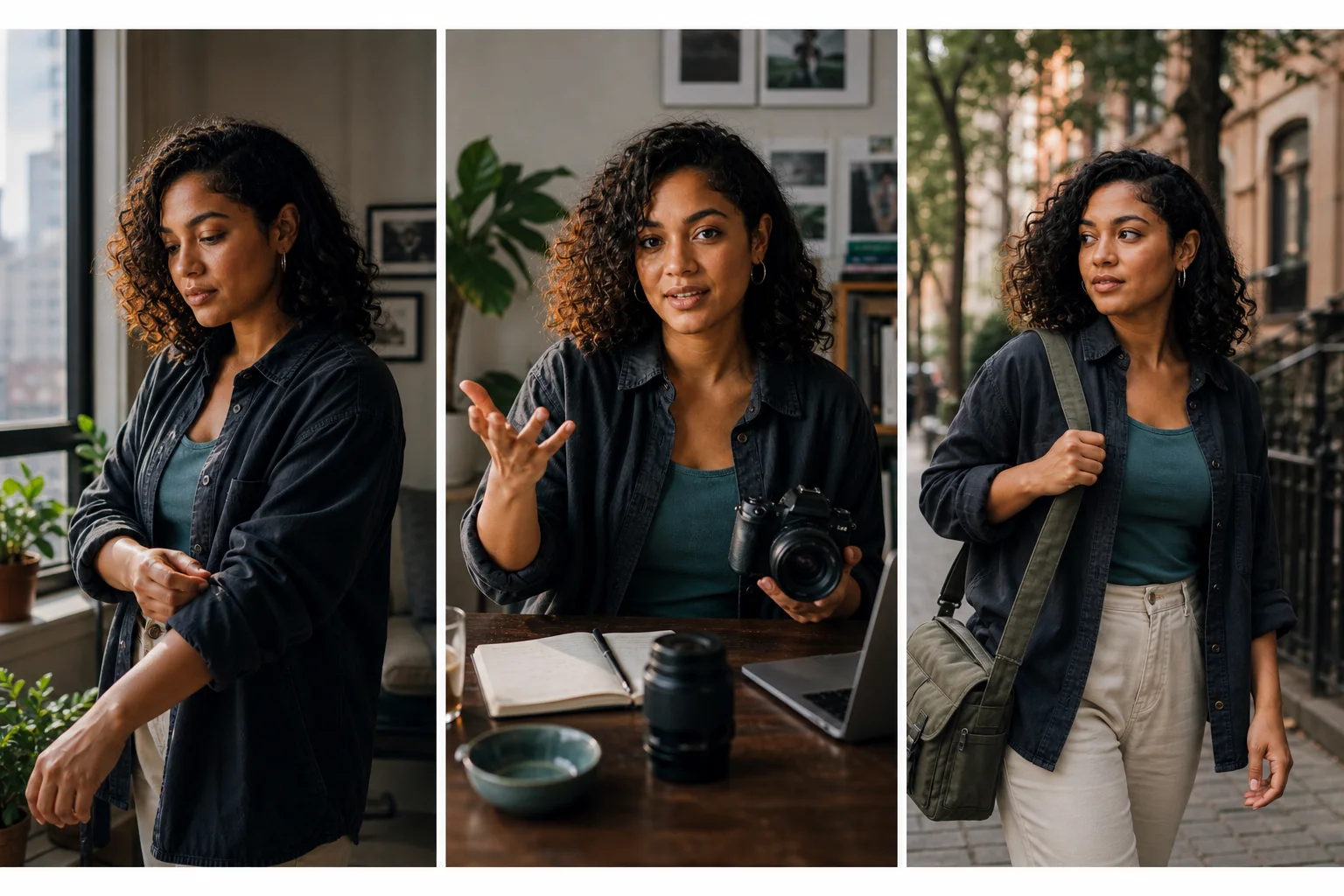 The same fictional adult creator shown in three distinct candid situations with a consistent face and style.