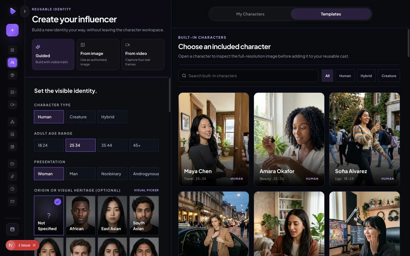 The real AI Influencer Generator Studio character builder showing adult identity controls and fictional character templates.