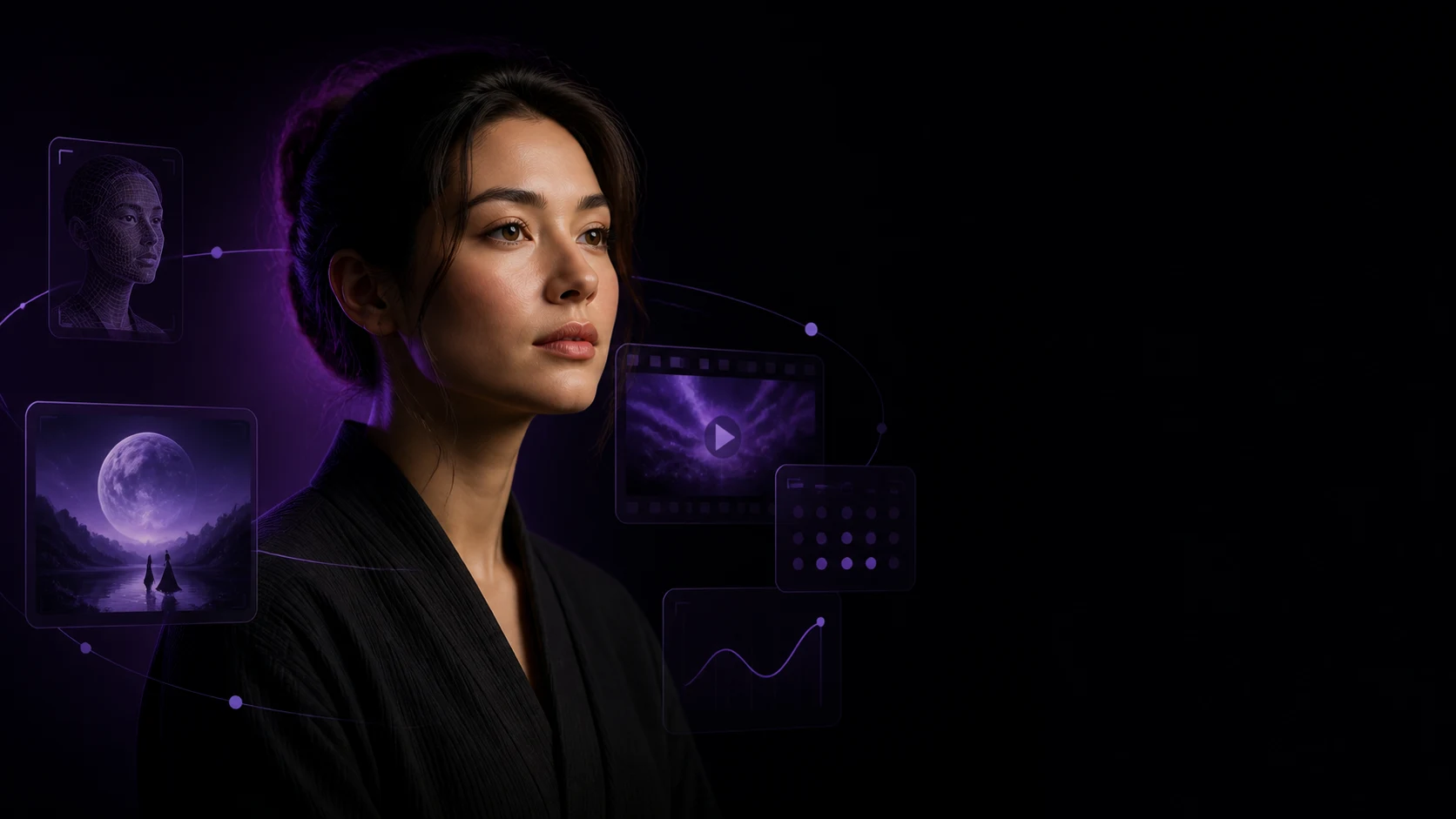Original editorial illustration of a fictional virtual creator surrounded by abstract identity, media, calendar, and analytics workflow elements.