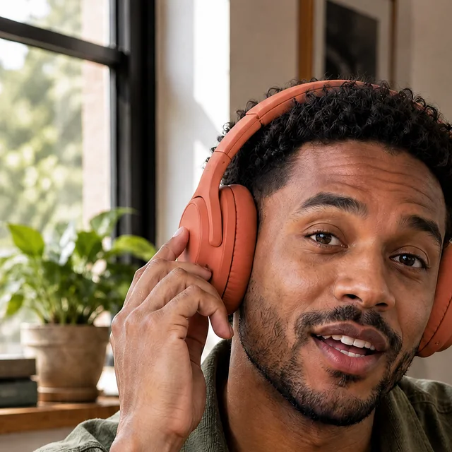 Existing close crop of the input photo showing fingertips already touching the headphone earcup