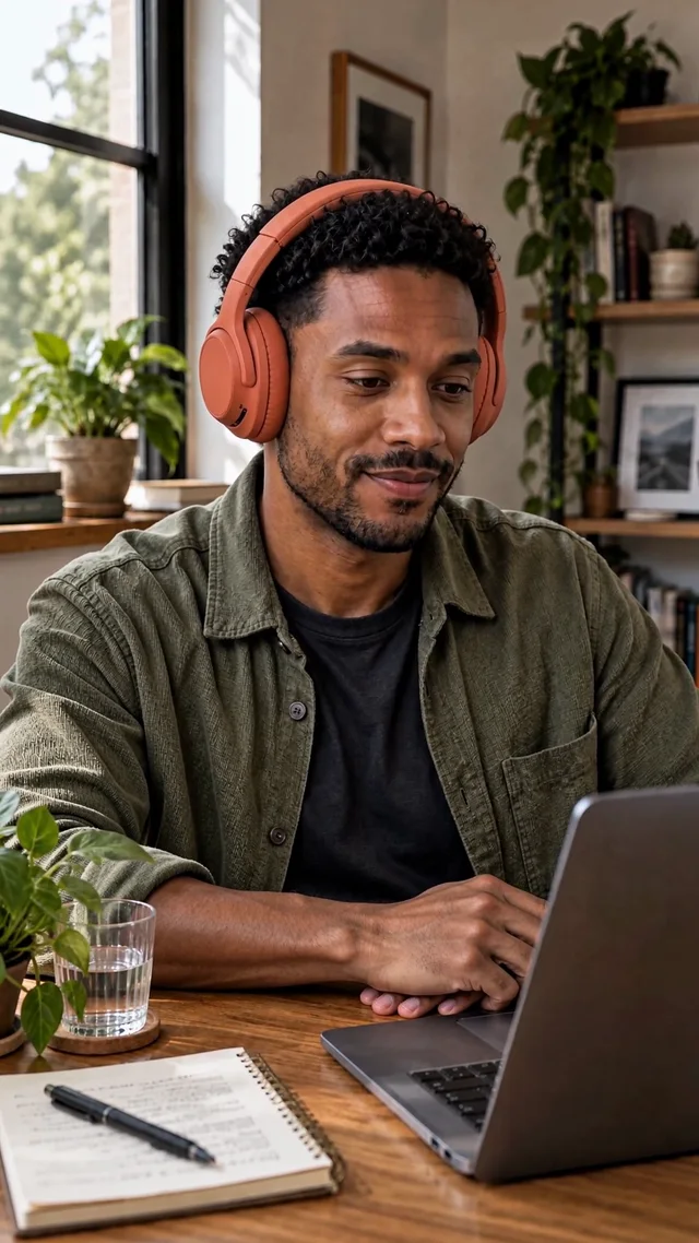 Actual demo frame: headphones at a working desk.