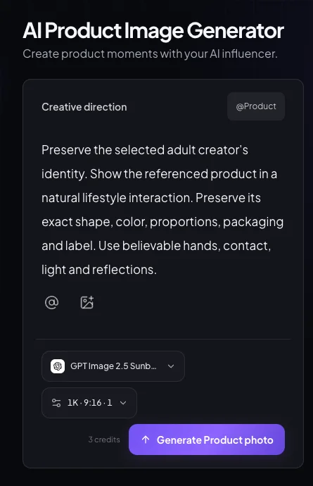 Actual current AI Product Image Generator direction, product-reference and generation controls; unsubmitted setup