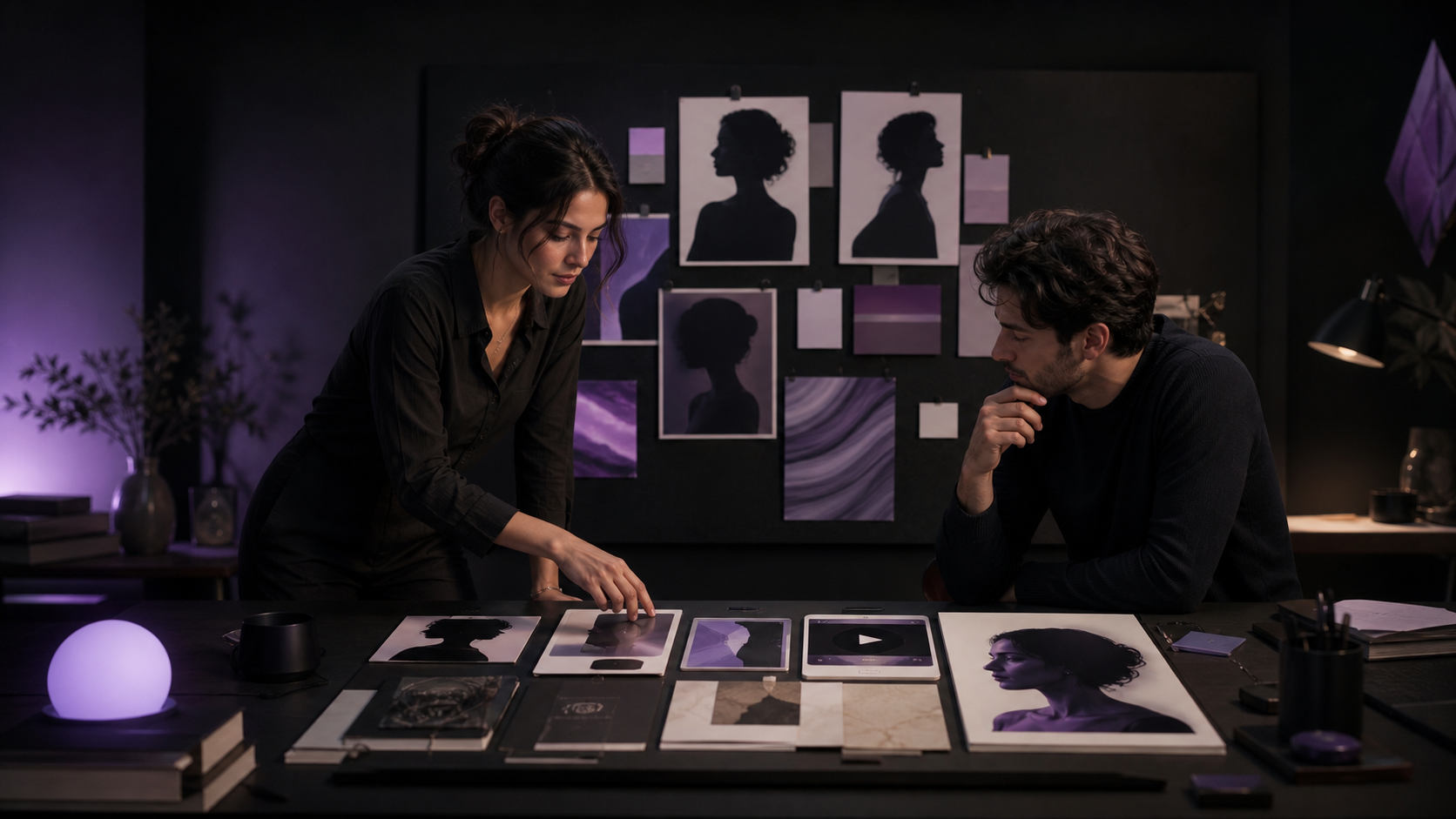 Fictional adult creators shaping a consistent personal brand content system in a dark editorial workspace.