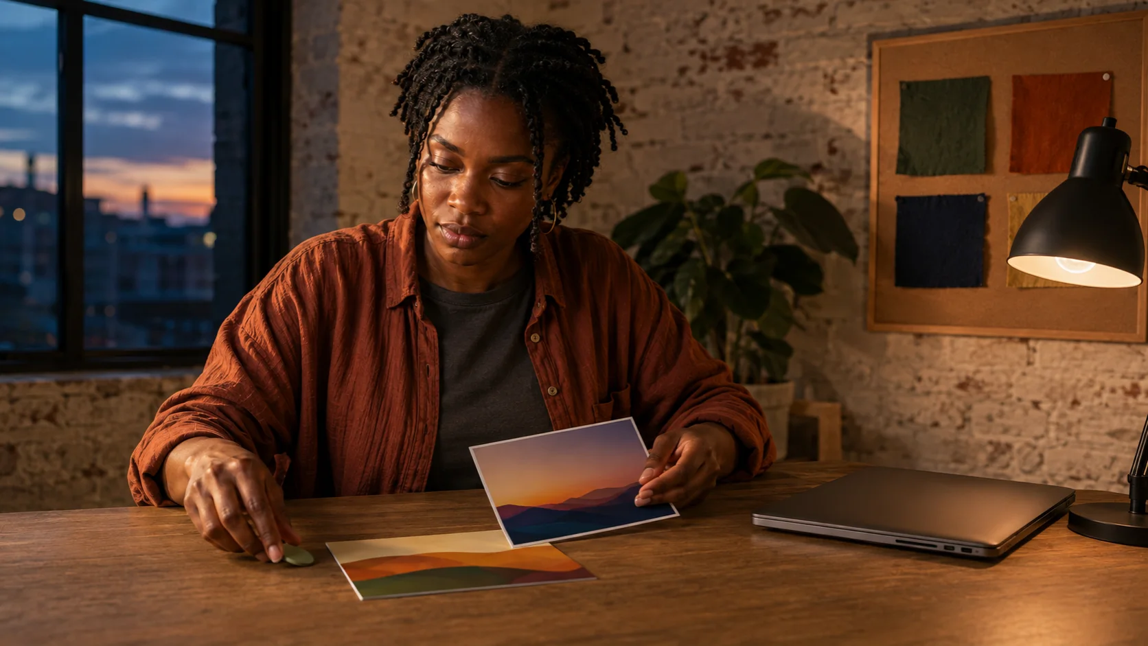 A fictional adult creator comparing two content prints during a human brand-safety review.