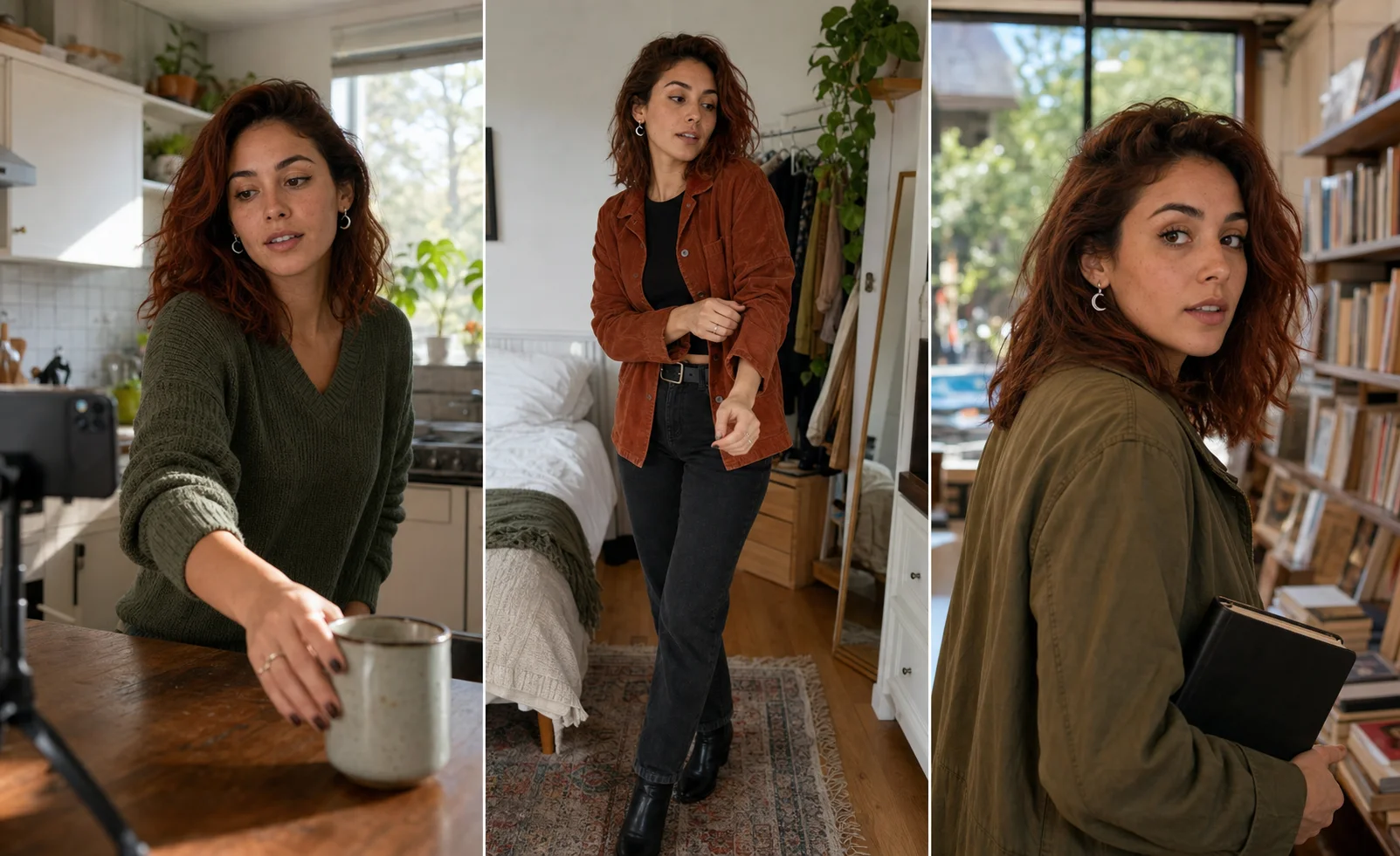 The same fictional adult AI creator in a morning mini vlog, fashion transition, and point-of-view story concept.