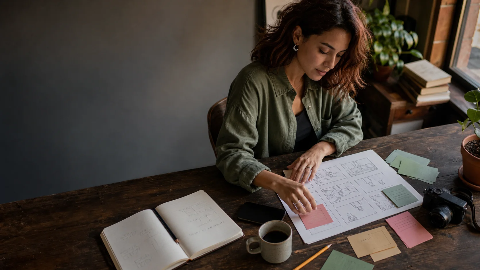 Fictional adult virtual creator planning short-form video scenes at a lived-in workspace.