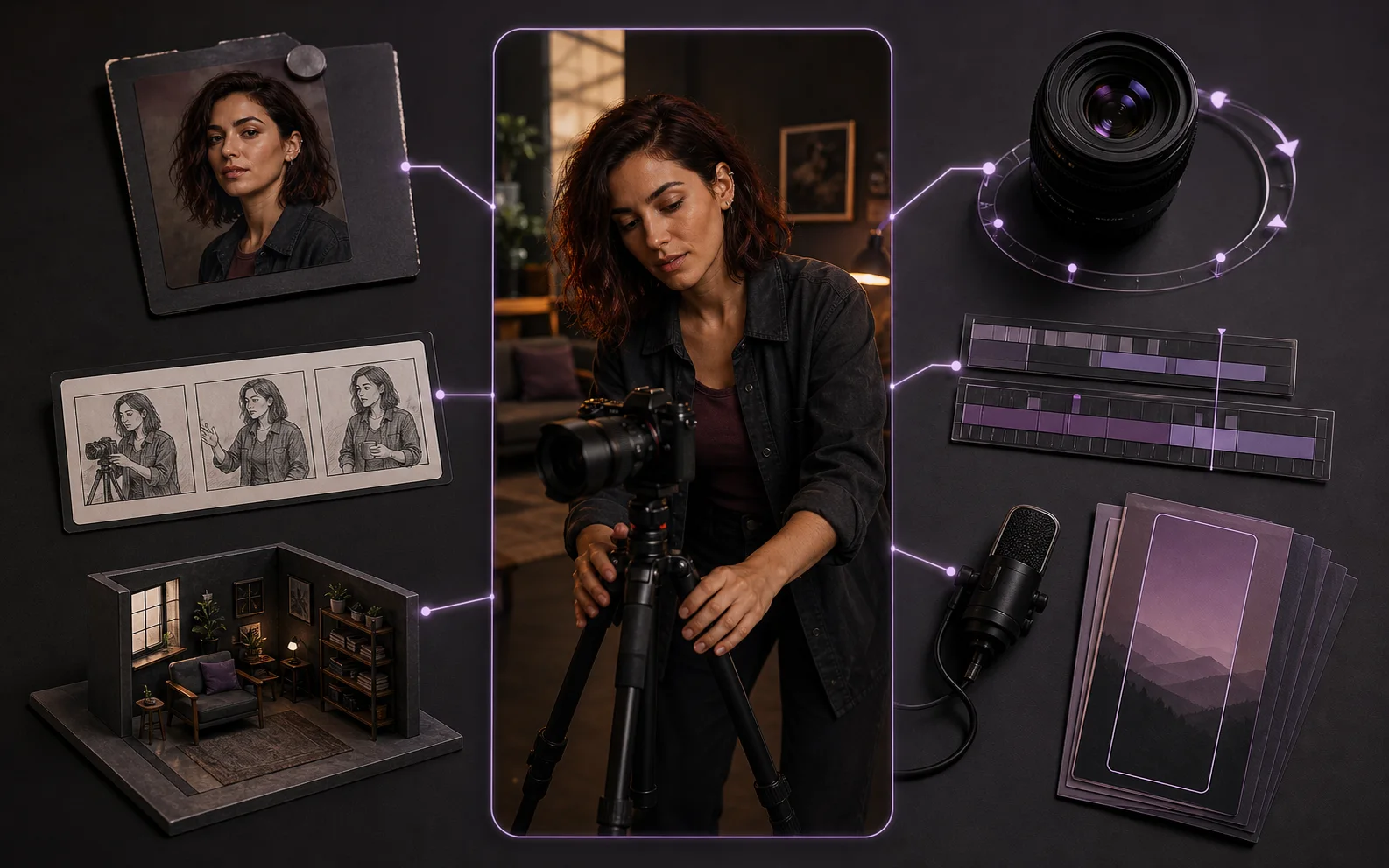 Editorial visual breaking an AI video prompt into character, action, scene, camera, pacing, audio, and output format.