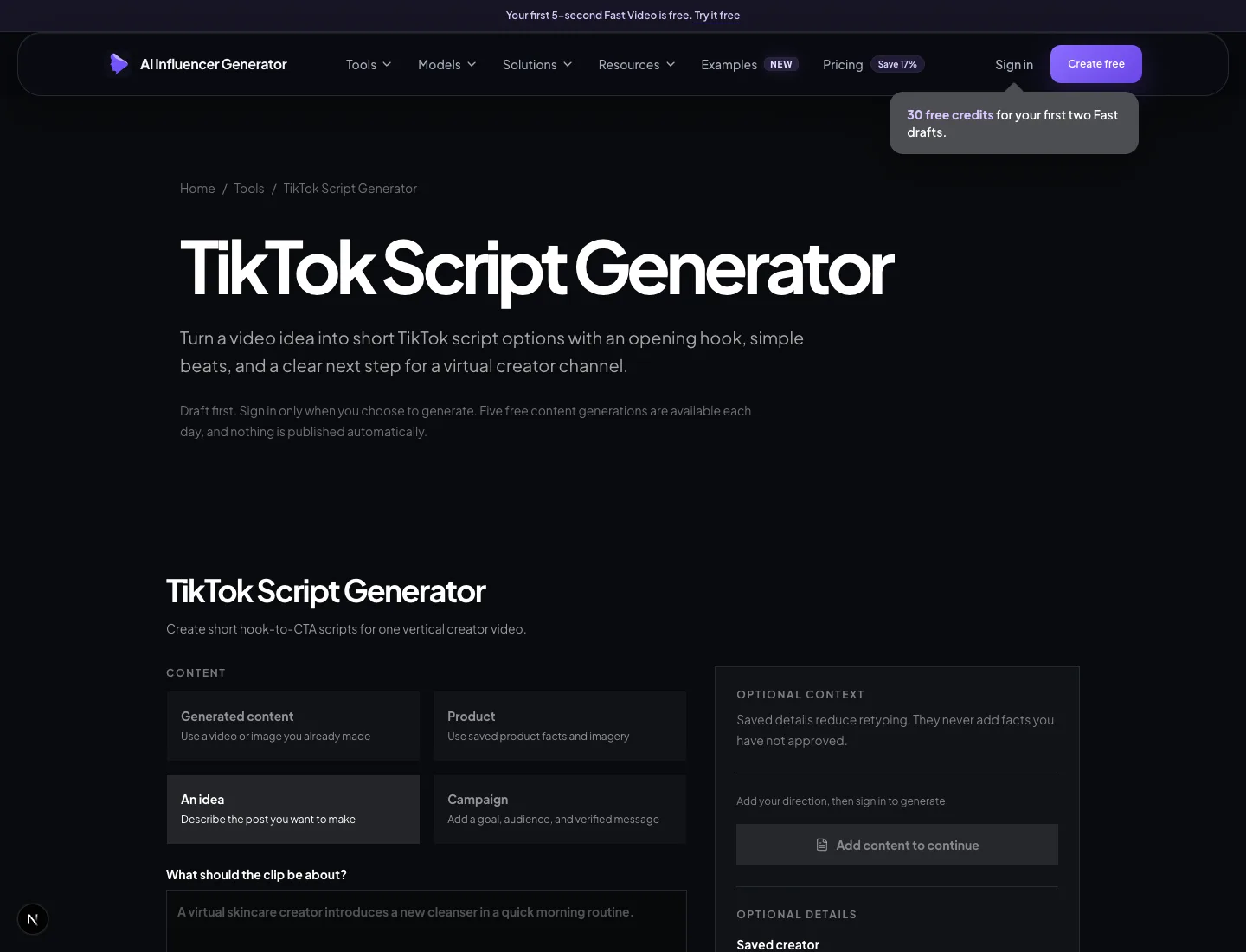 A real AI Influencer Generator Studio page for drafting a short creator video script from an idea.