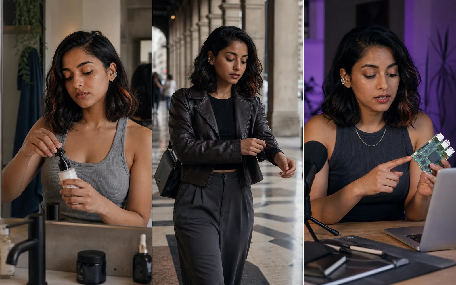 The same fictional adult AI woman in skincare, fashion, and technology video concepts with consistent facial identity.