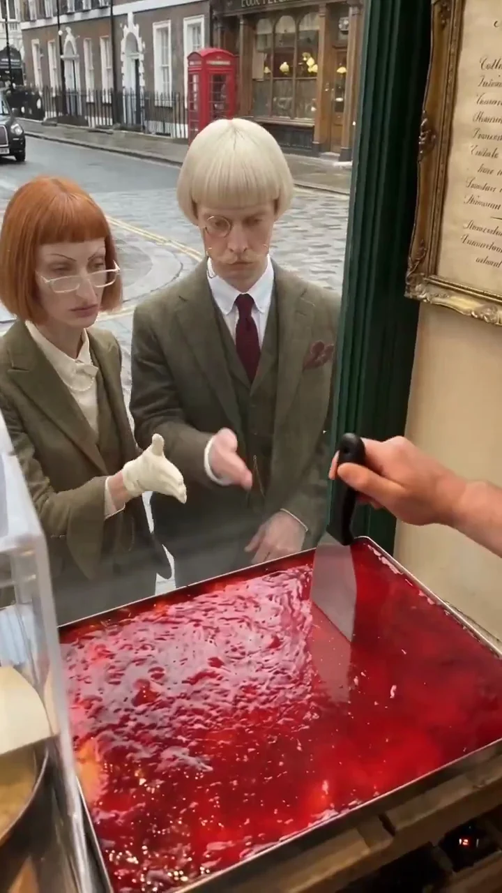 Cake-shop source video at one second: two tweed-clad characters watch a server beside a red-topped cake
