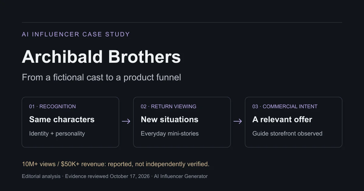 Archibald Brothers case study: a recurring fictional cast, a visible product funnel and unverified revenue claims