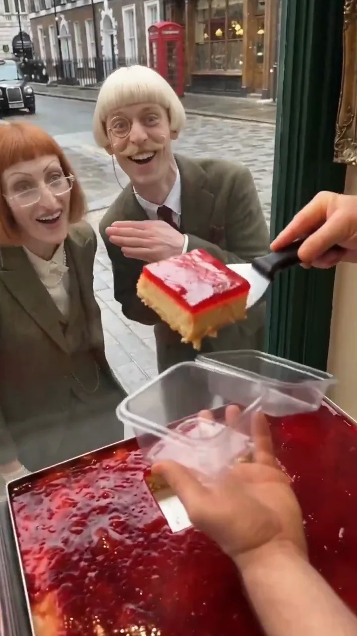 Archibald cake-shop source video at fourteen seconds: delighted expressions as a slice is raised into the foreground