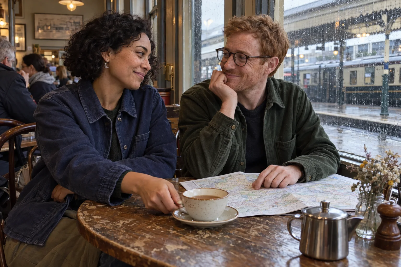 Original fictional adult couple Inez Vale and Theo Moss at a railway café, with distinct hair, accessories and wardrobe identity anchors