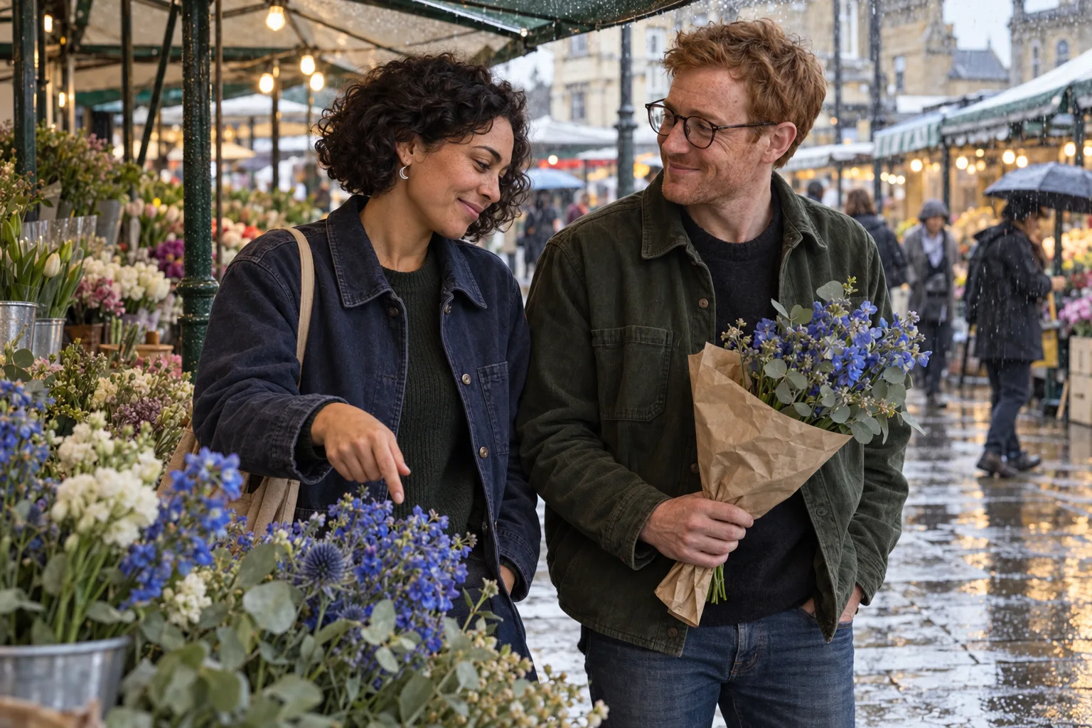 The same original adult duo Inez and Theo at a flower stall, preserving their faces, ages, hair and signature accessories in a new scene