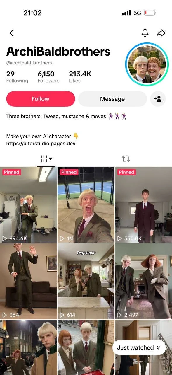 Source TikTok screenshot of @archibald_brothers showing 6,150 followers, 213.4K account likes, a Three brothers bio and Alter Studio link