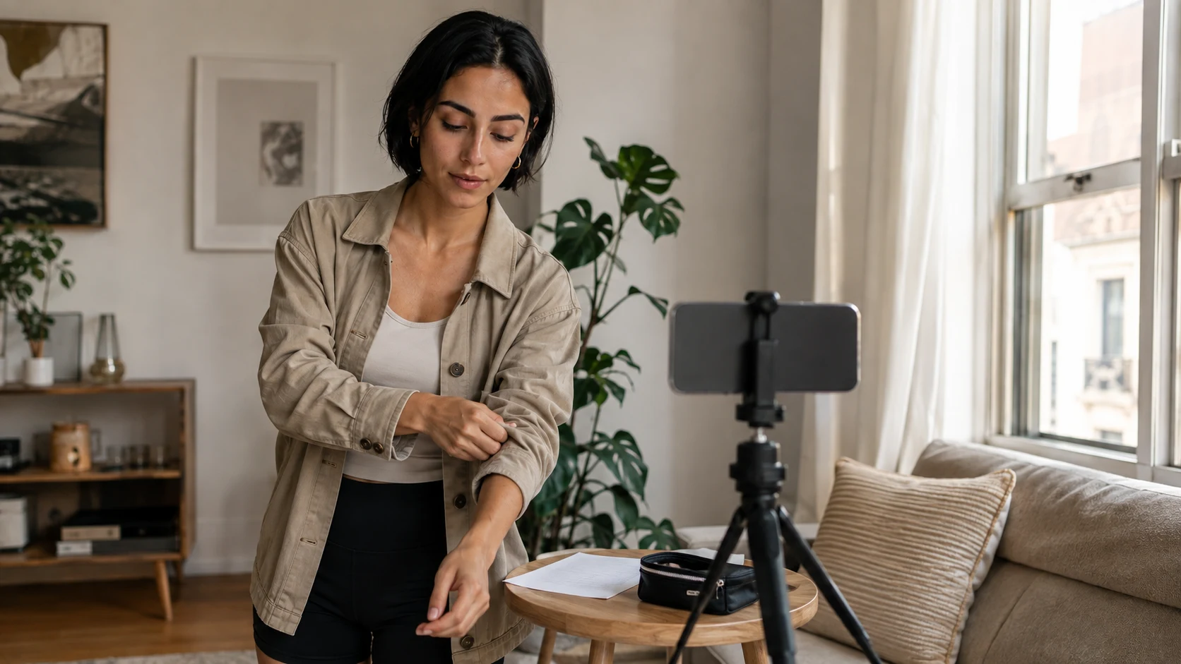 Fictional adult creator preparing a short video beside a phone tripod in a bright home studio.