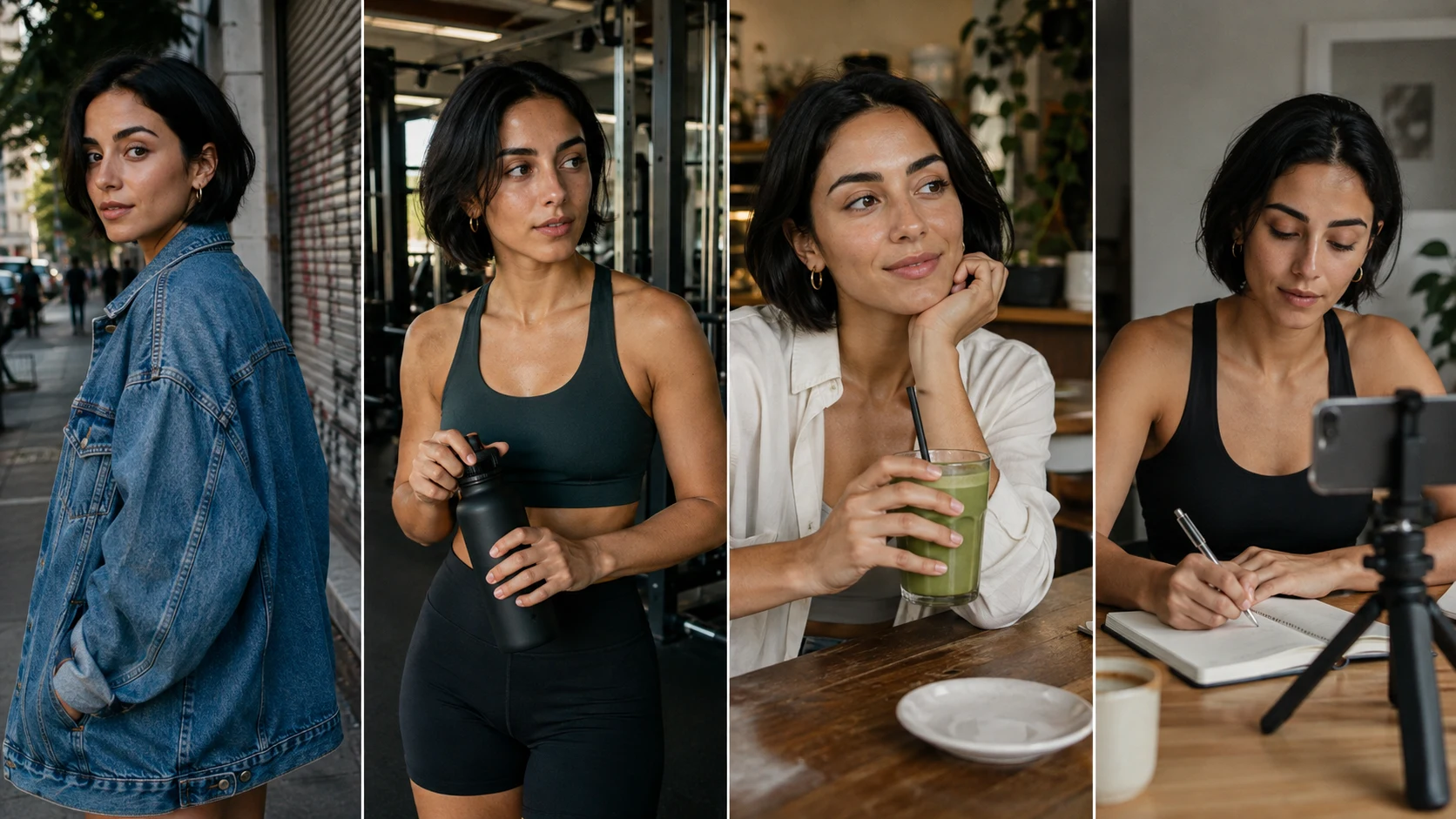 The same fictional adult creator shown across four distinct lifestyle and talking-to-camera campaign scenes.