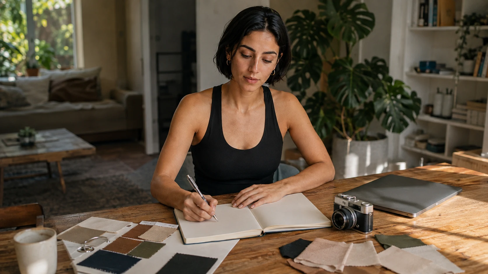 Fictional adult creator writing a character brief beside wardrobe swatches and a camera in a sunlit apartment.