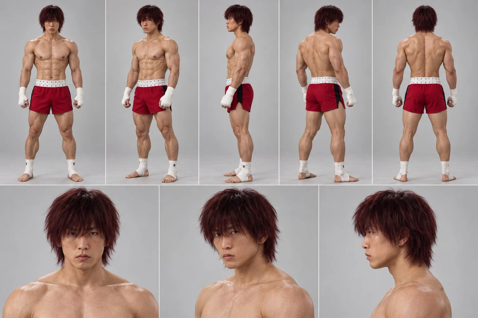 User-supplied Baki character sheet with five body angles and three facial views, showing stable hair, proportions, red shorts and hand wraps.