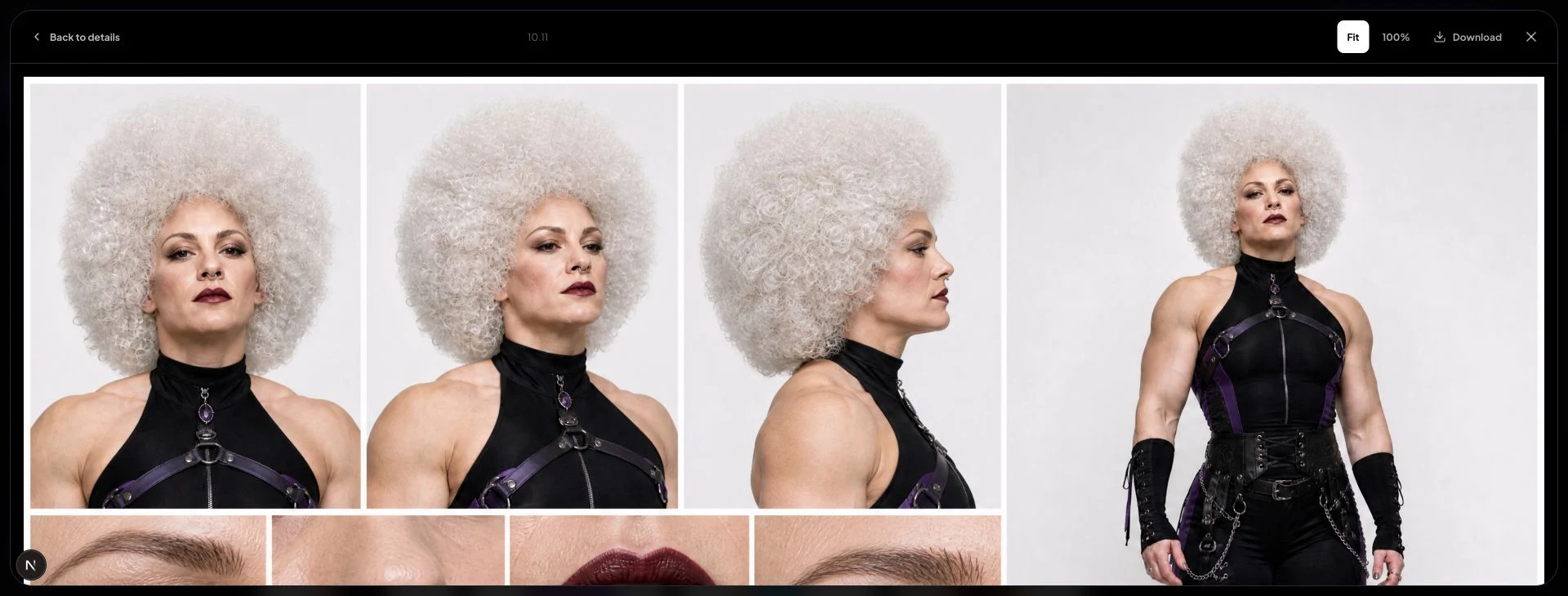 Real AI Influencer Generator Character Sheet viewer showing a saved fictional adult character from front, three-quarter and profile angles.