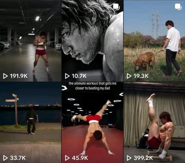 Six tiles from the supplied Baki account screenshot, spanning gym movement, a close-up, a dog walk and outdoor scenes.