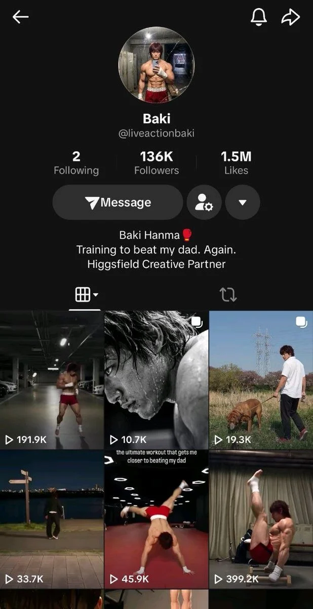 Supplied TikTok screenshot of @liveactionbaki showing 136K followers, 1.5M likes, the recurring training premise and six visible posts.