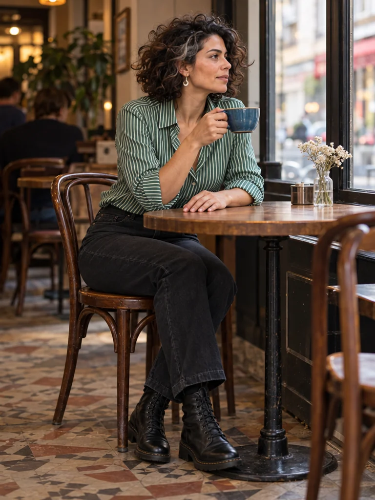 Mara sits by a café window, holding a blue cup by its handle.