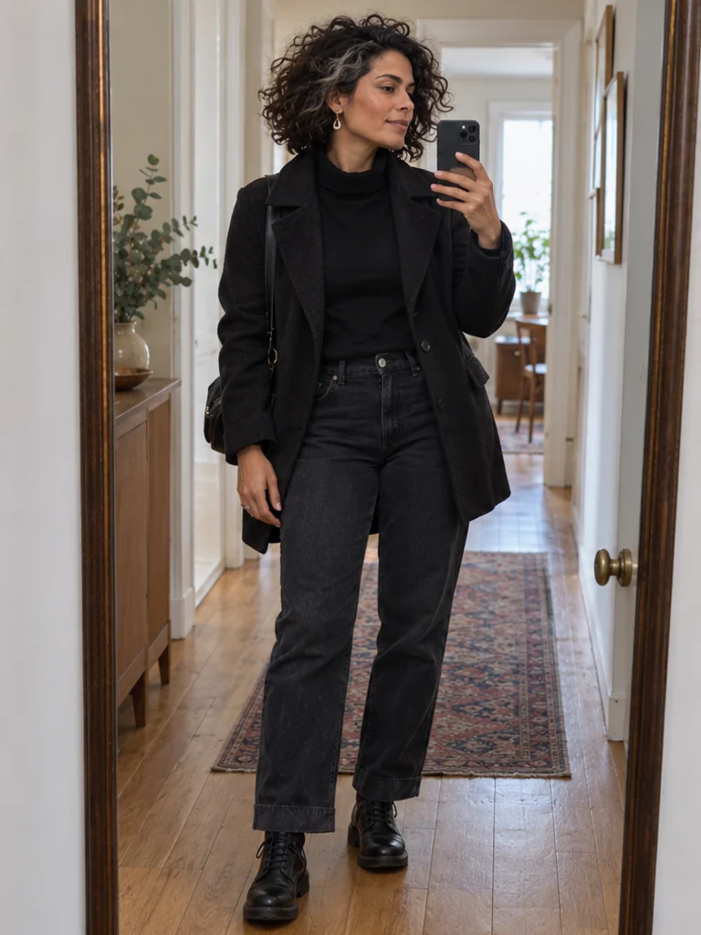 Mara takes an eye-level mirror selfie with one phone and a relaxed free hand.