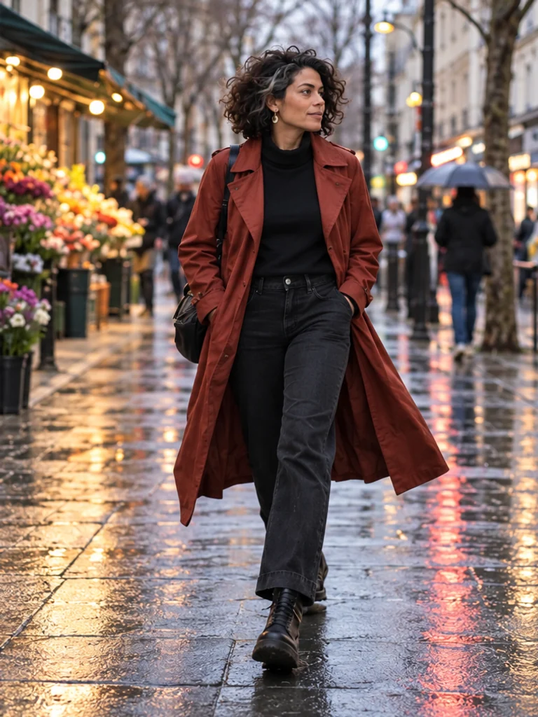 Mara walks along a wet city street with a natural stride and space ahead.