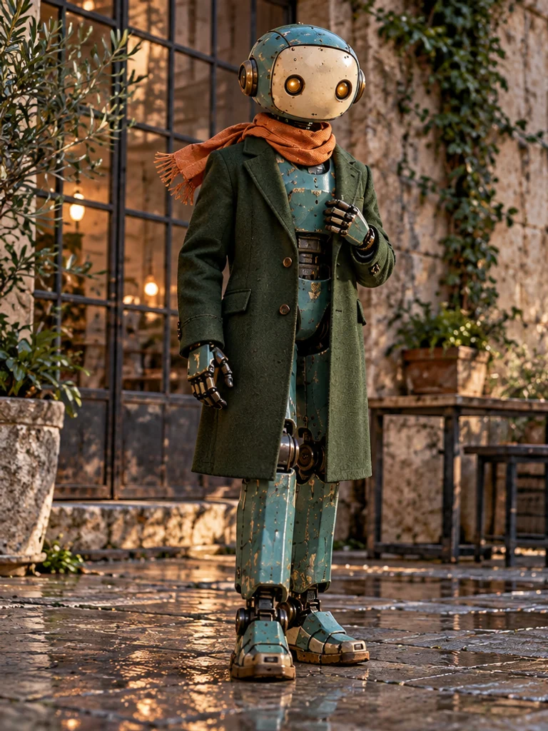 Pip stands in a green tailored coat, one articulated hand resting on a lapel.