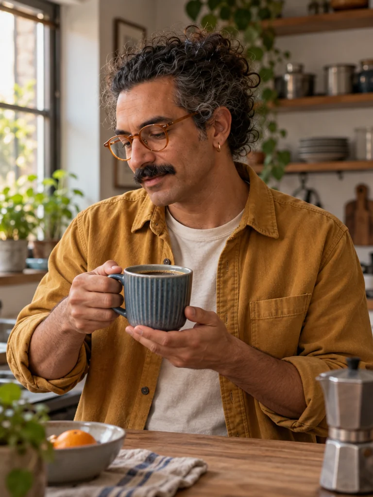 Ivo holds a blue ceramic coffee cup by its handle and supports the base.