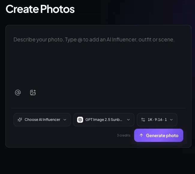 Real Create Photos controls showing Direction, Choose AI Influencer, model, aspect-ratio settings and Generate photo.