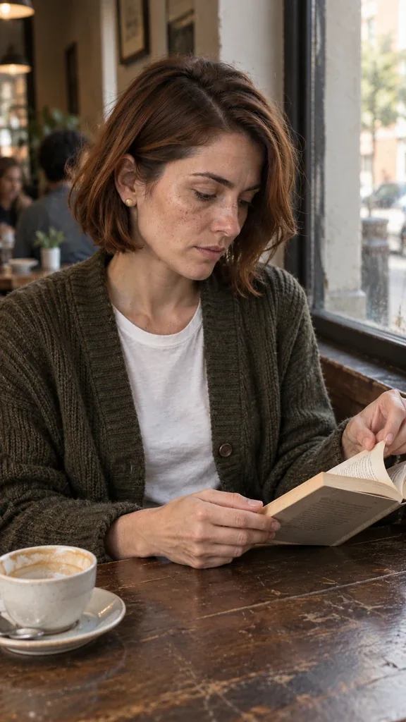 The same original Nora in an olive knit cardigan turns a paperback page at a café window.