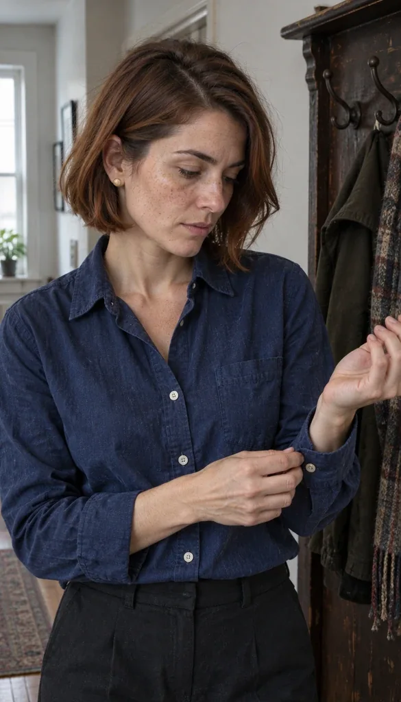 Original AI character Nora Reed with an auburn bob fastens an indigo shirt cuff in a lived-in hallway.
