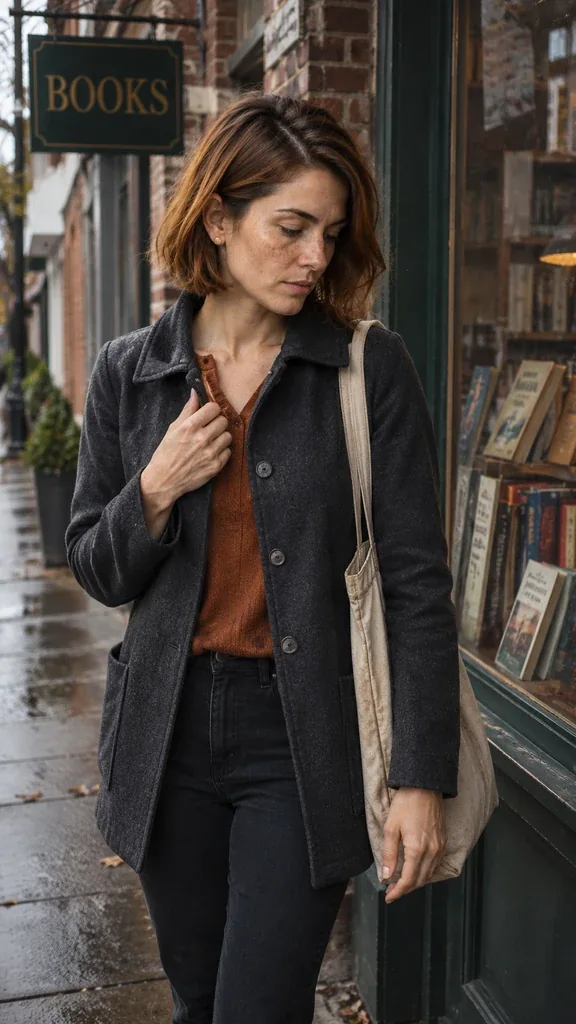 The same original auburn-haired Nora adjusts her charcoal jacket outside a neighborhood bookshop.