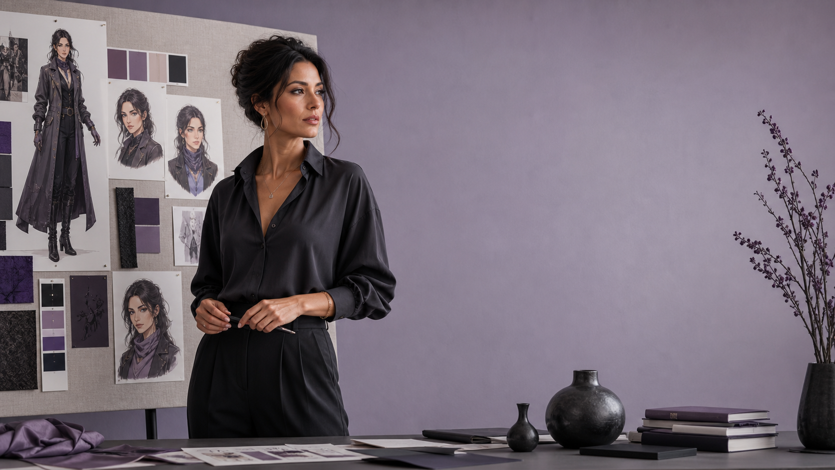 Fictional adult virtual creator reviewing a visual identity board in a premium studio.