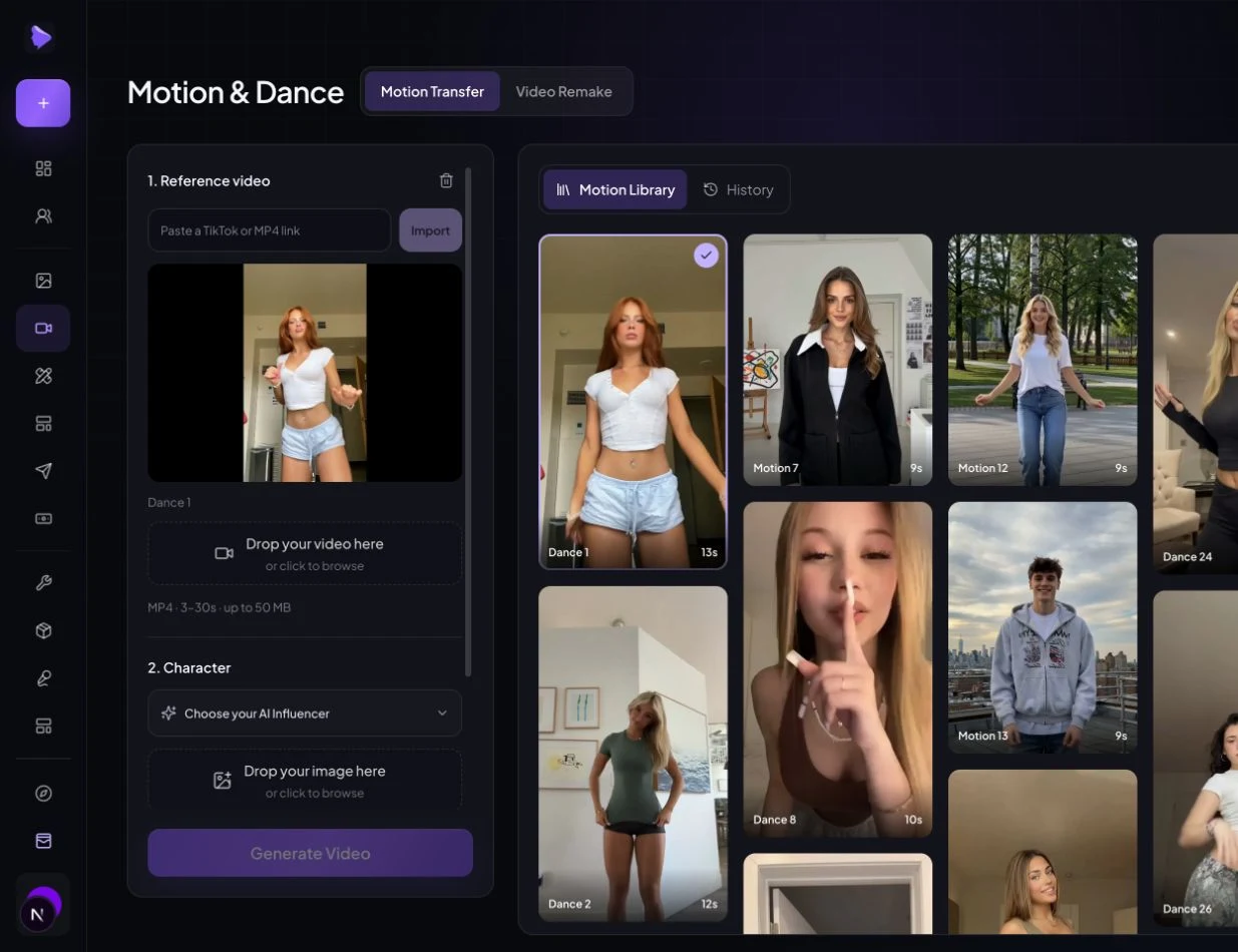 Actual Motion and Dance workspace with Motion Transfer selected and the Dance 1 library reference attached