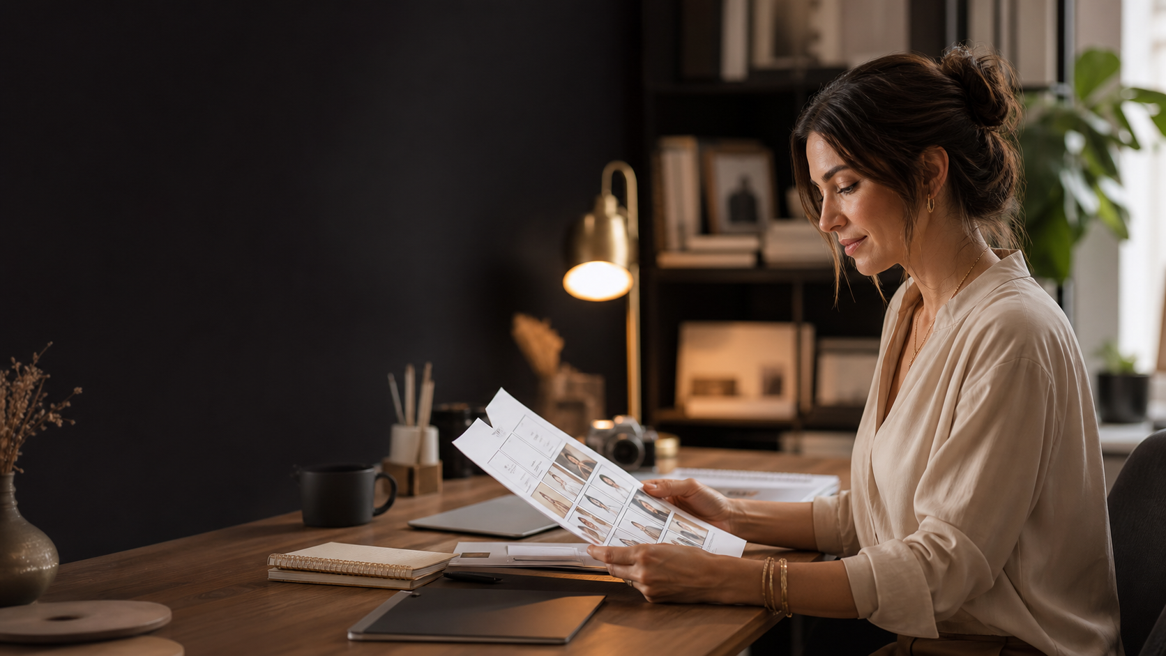Fictional adult virtual creator reviewing a content calendar in a warm studio.