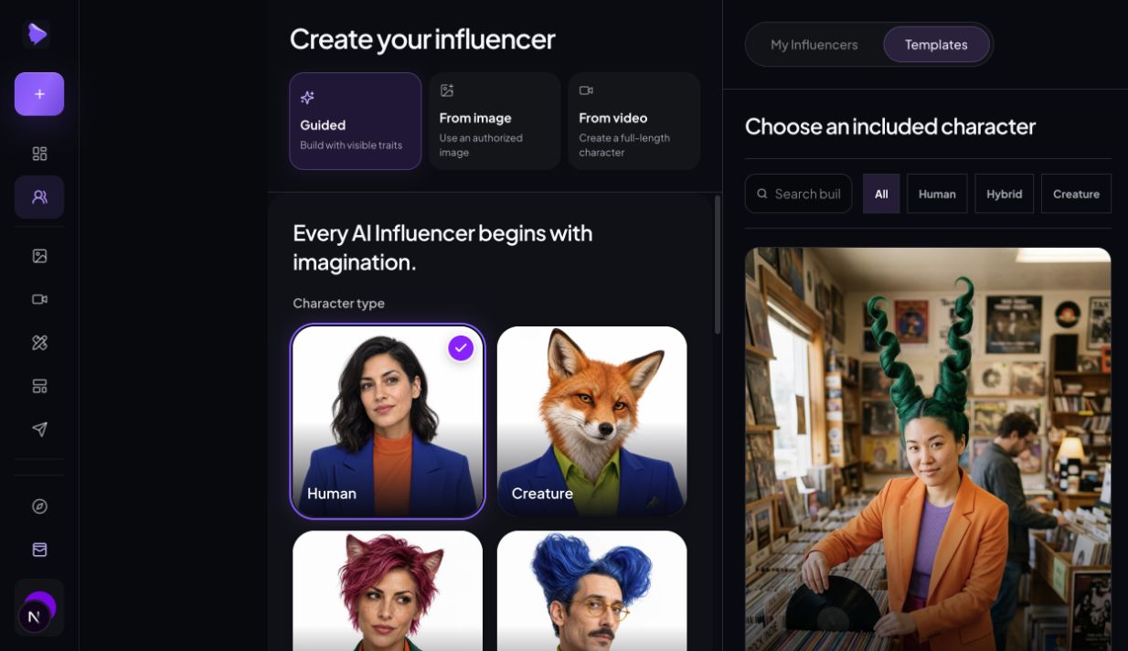 Actual AI Influencer Generator workspace with Guided creation and the included character library.