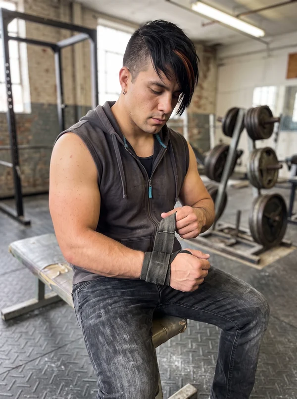 Nico Slate in a gym tightening a wrist wrap, retaining the copper-streaked fringe and signature hoodie.