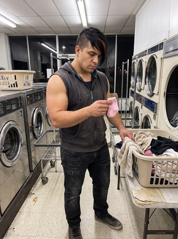 Nico Slate reacting seriously to a tiny pink sock in a laundromat, keeping the same adult identity.