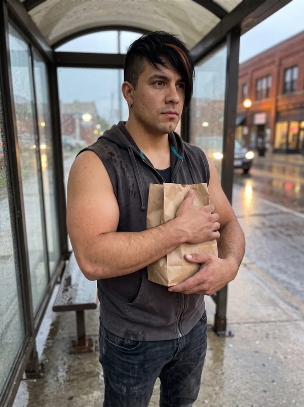 Nico Slate protecting a grocery bag at a rainy bus shelter, with the same hair, hoop and hoodie.
