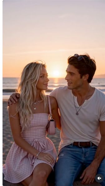 Lacy and Daniel seated together by the sea at sunset in a selected frame from the Part 52 date Reel