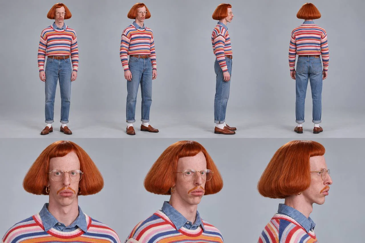 Don Nuger Character Sheet with four full-body views and three facial closeups, preserving red bob haircut, round glasses, thin mustache, striped sweater, denim and brown shoes
