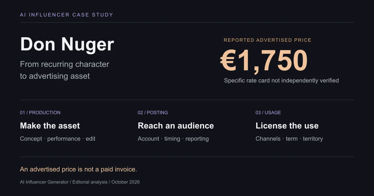 Don Nuger AI influencer case study: a reported €1,750 production offer separated from posting, advertising usage and verified revenue